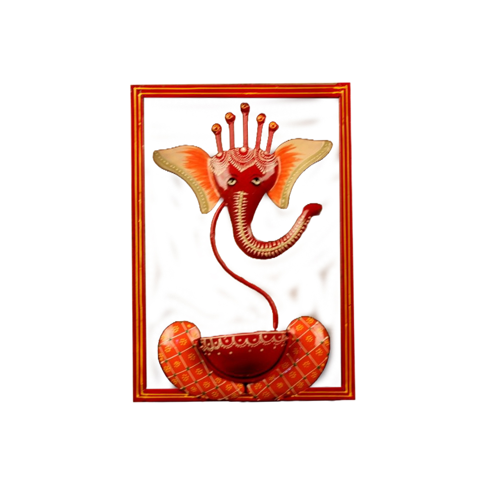 Iron Handcrafted Painted Leaf Ganesh Red Frame Tealight Candle Stand 12 inches